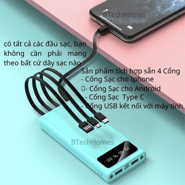 Cục sạc Pin dự phòng 30000 mah 20000 10000 mAh cục sạc dự phòng có sẵn 4 dây sạc Iphone Android Xiaomi Type C