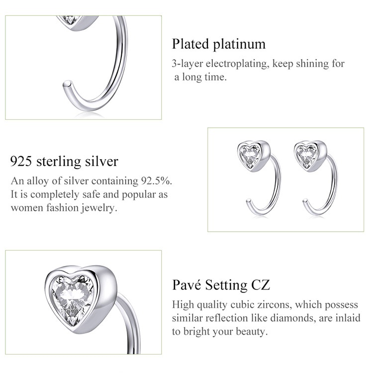 Hoa tai Bamoer BSE516 dát đá zircon khối hình trái tim bằng bạc 925 thật cho nữ