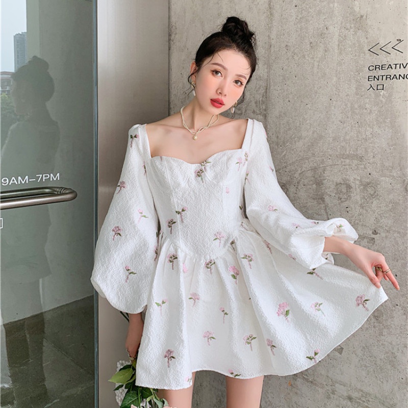 Đầm Tay Phồng Cổ Vuông Thời Trang Mùa Hè Phong Cách Retro Dễ Phối Đồ