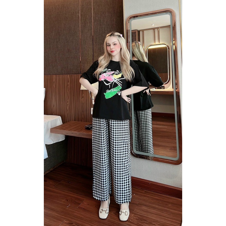 sét bộ quần sọc kate phối áo thun in hình cổ tròn ngắn tay