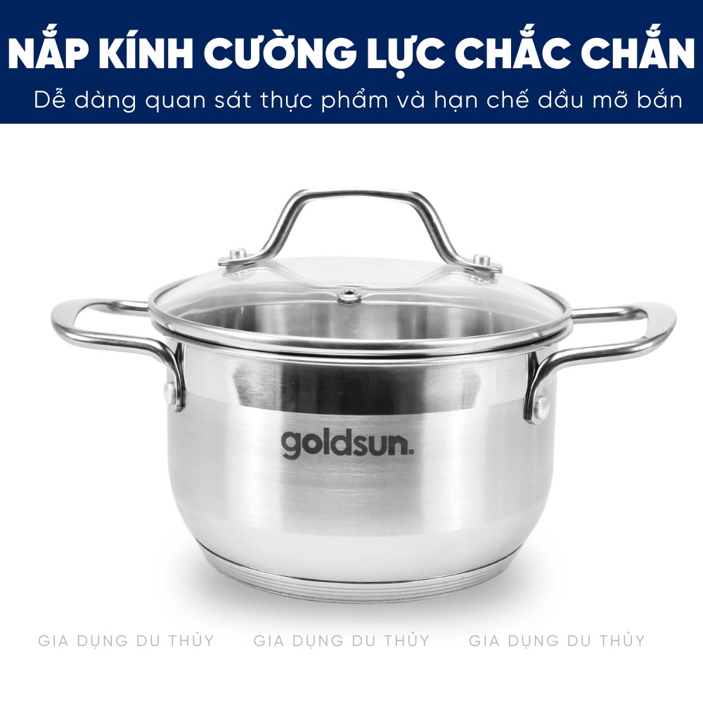 Bộ nồi inox đáy từ Goldsun chính hãng, nồi 5 đáy dày dặn, nắp kính trong suốt, chất liệu inox 430 an toàn cho sức khỏe