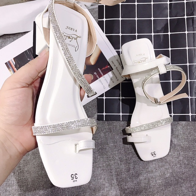 [Tưng bừng giảm giá] Giày sandal cao gót 4-5 gót tháp da bóng quai mảnh đá xỏ ngón hàng VNXK cao cấp bao keo 3 tháng