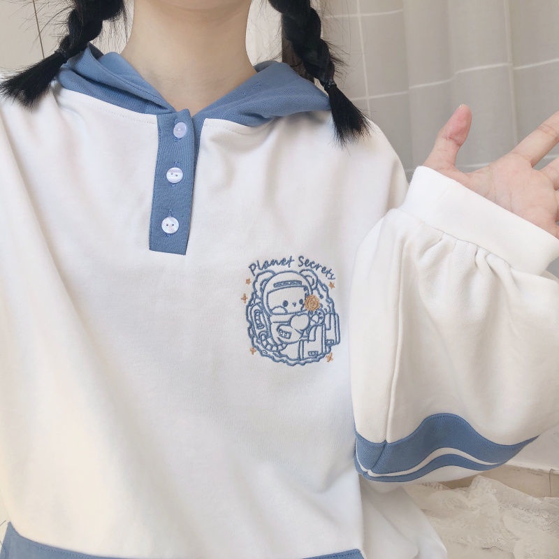 Áo Hoodie Thêu Hình Gấu Dễ Thương Phong Cách Nhật Bản