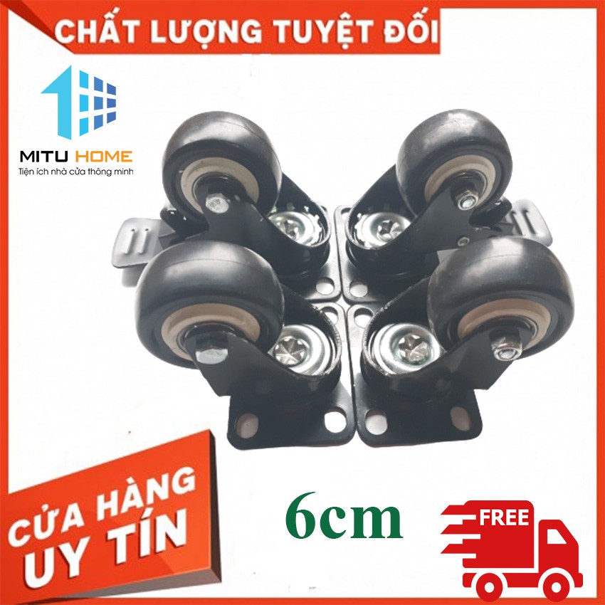 [ CHÍNH HÃNG ] Bộ 4 bánh xe đẩy hàng viền đen loại 6cm xoay 360 độ, có khóa chống xoay chống trượt