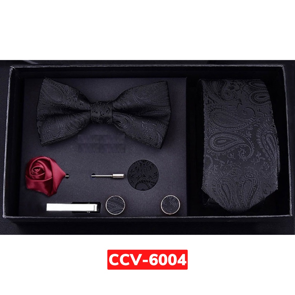 Combo 6 món Cavat 6cm, Nơ cài cổ áo, Khăn cài túi áo, kẹp cavat, măng-set cài áo, trâm cài áo, Cravat chú rể, calavat