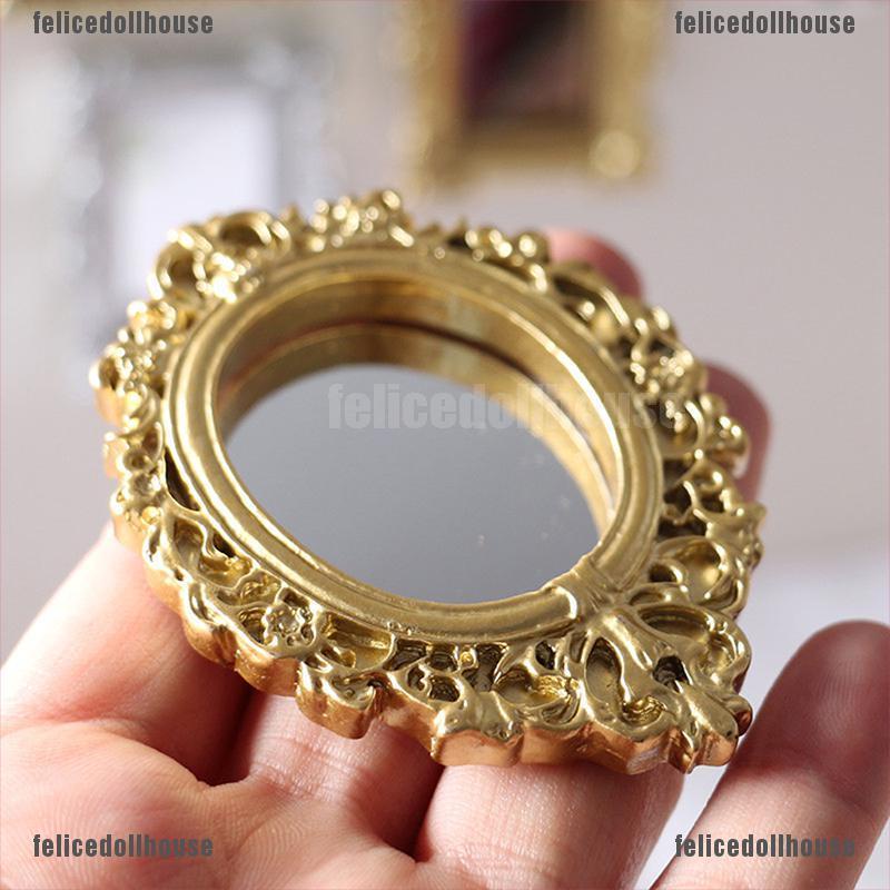 Gương mini khung chạm khắc phong cách retro Châu Âu trang trí nhà búp bê