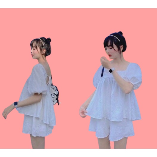 Set Babydoll Nơ Nhỏ Thắt Dây Lưng Bánh Bèo