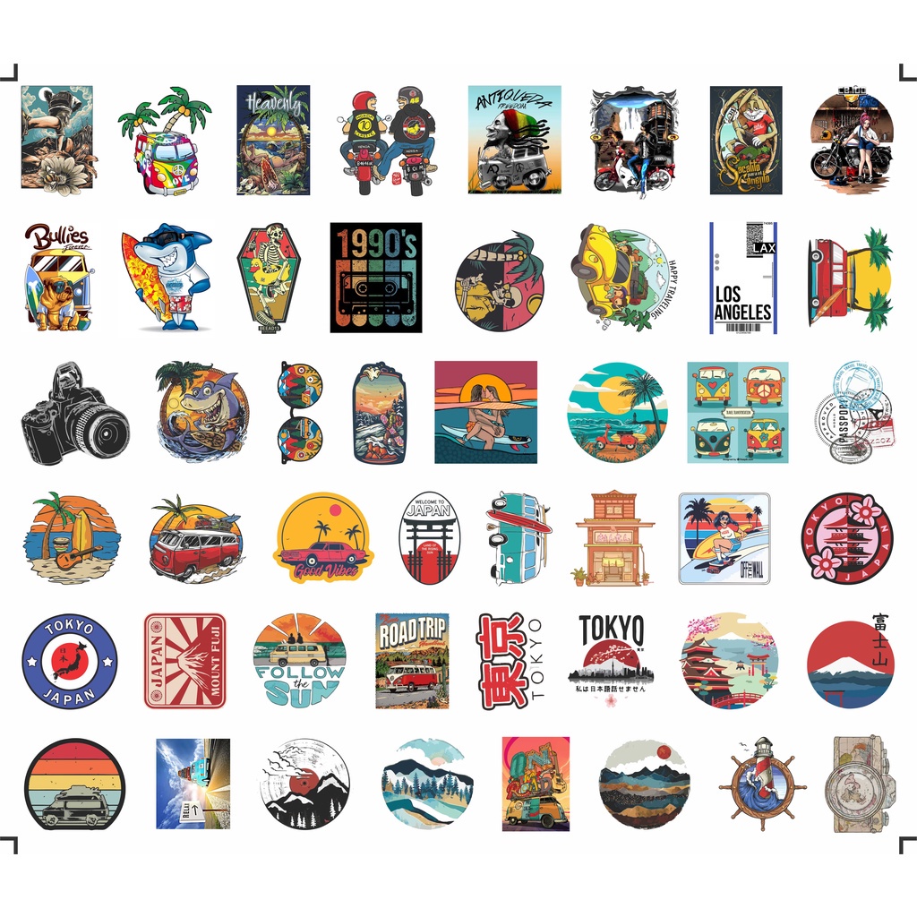 Bộ 200 sticker summer chủ đề du lịch chống nước dán trang trí vali mũ bảo hiểm xe máy laptop điện thoại