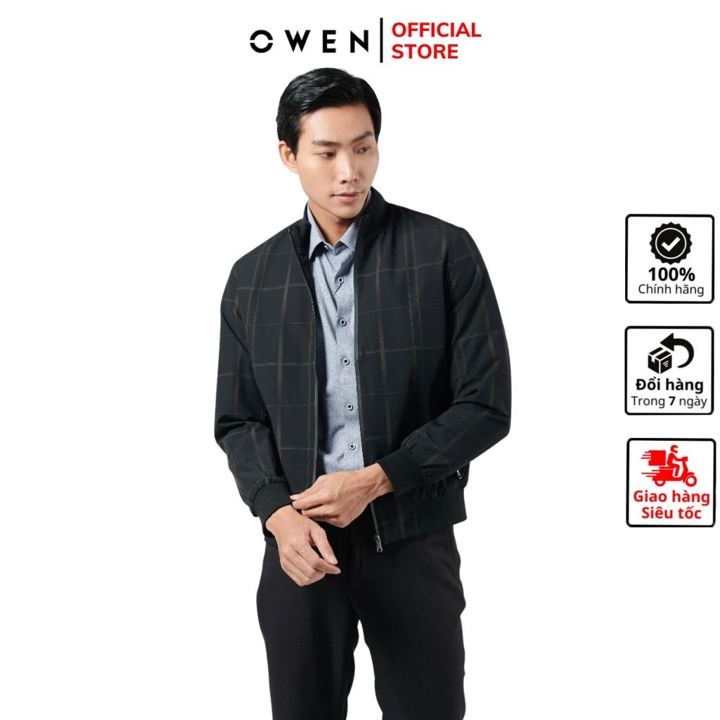 Áo khoác gió Nam Owen JK220715 jacket nhẹ 2 lớp màu đen kẻ caro vải polyester cao cấp dáng suông cổ đứng bo tay và gấu