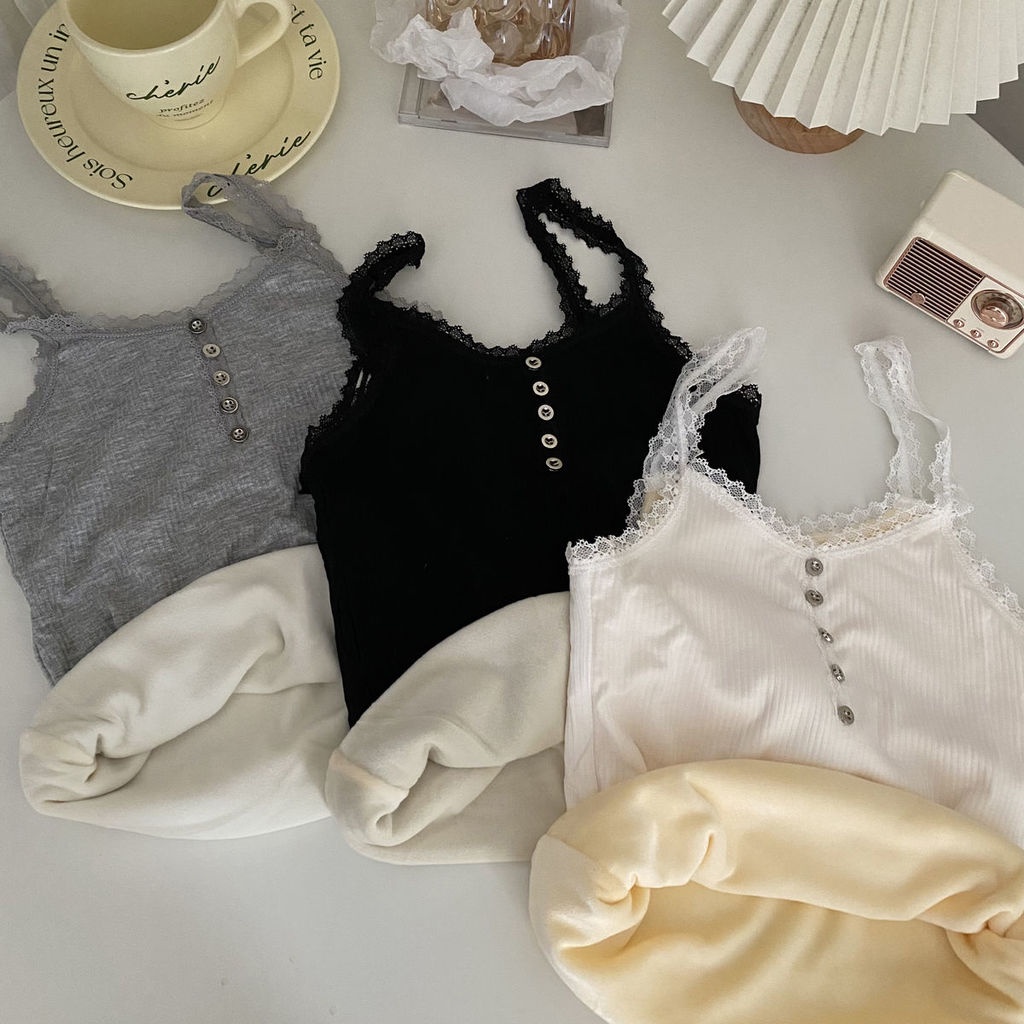 Áo Hai Dây Phối Ren Dày Dặn Giữ Ấm Mùa Đông Thiết Kế Lưng Đẹp Mắt Cho Nữ 3777