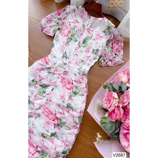 V2687 - váy body voan hoa hồng