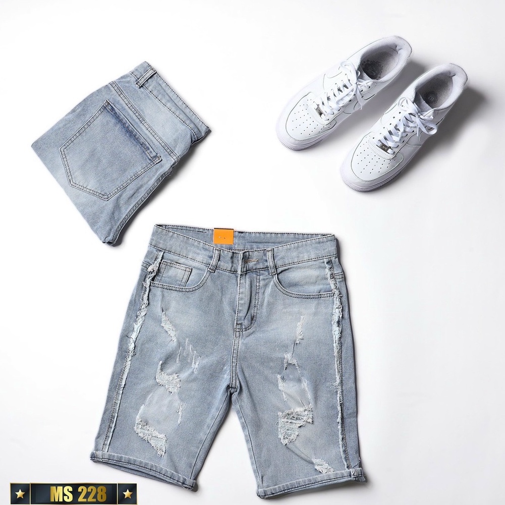 Quần ngố rin nam co giãn chất bò màu xanh nhạt rách OBOKFASHION dễ phối đồ cao cấp phong cách hàn quốc QJN228
