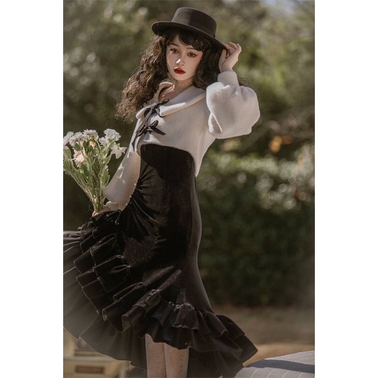 YAS0305-Set áo váy nhung đuôi cá phong cách retro