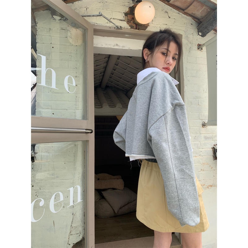 Autumn New Stitching Design High Waist Short Loose Sweatershirt Women