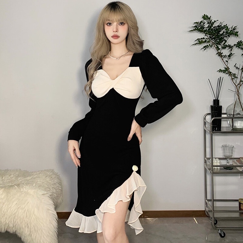 Kliou 2023 Mới Đầm chữ A KLIOU tay dài ôm eo phối bèo thanh lịch thời trang kiểu Pháp cho nữ