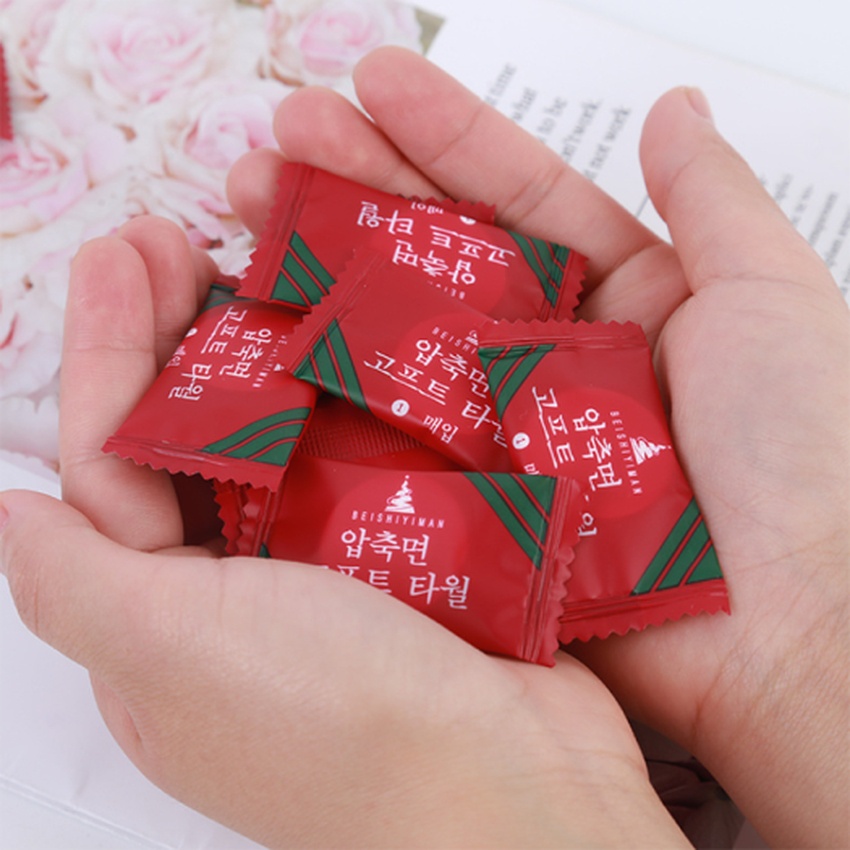 Khăn lau mặt nén cotton hình tròn không mùi dùng một lần, khăn khô nén viên kẹo đỏ Hàn Quốc Túi 20 viên Angola