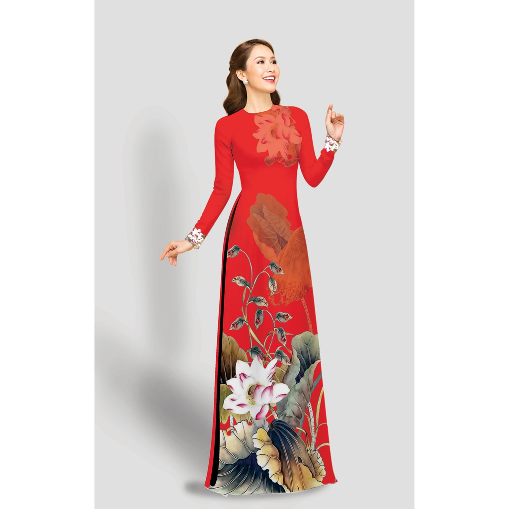 ÁO DÀI TRUYỀN THỐNG IN SEN TRẮNG CAO CẤP - KHÔNG KÈM QUẦN