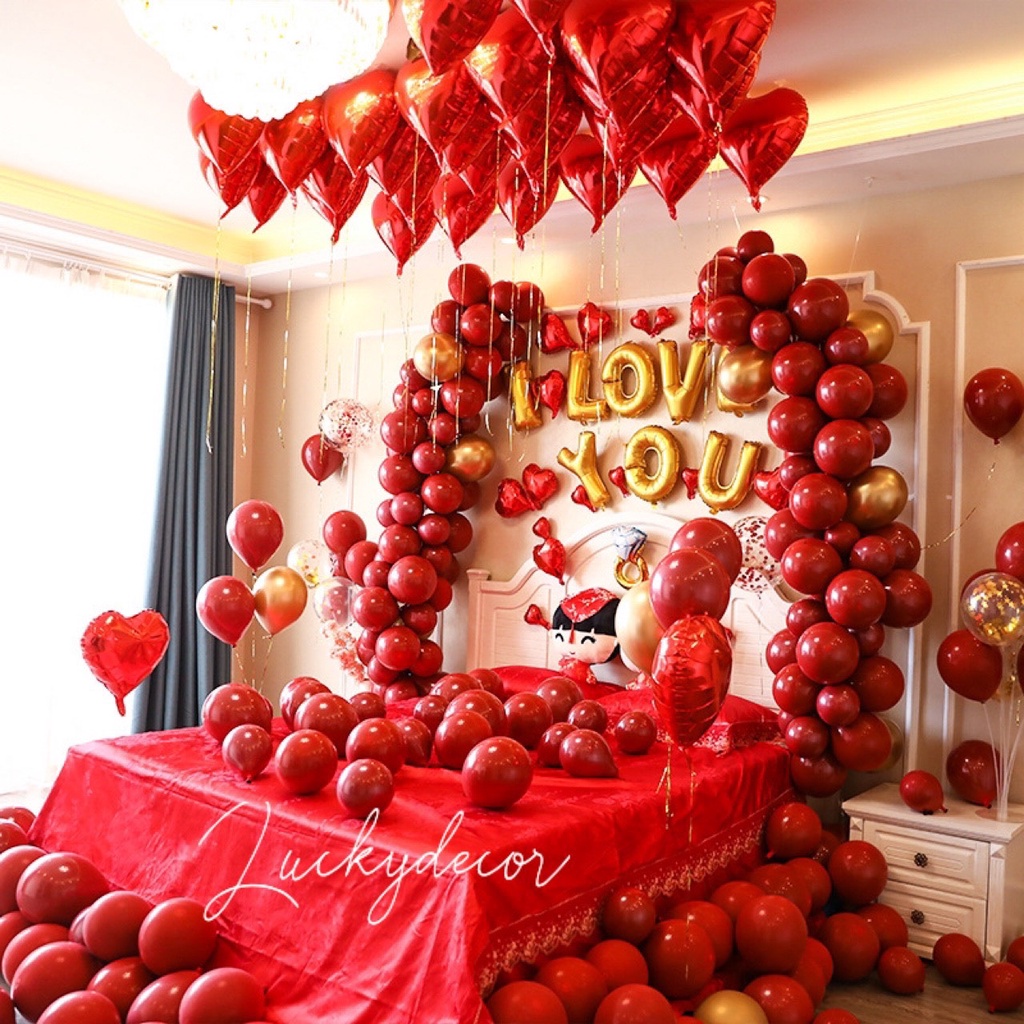 (Tặng Quà Lớn) Set bóng bay trang trí phòng tân hôn, phòng cưới đẹp màu đỏ HN098