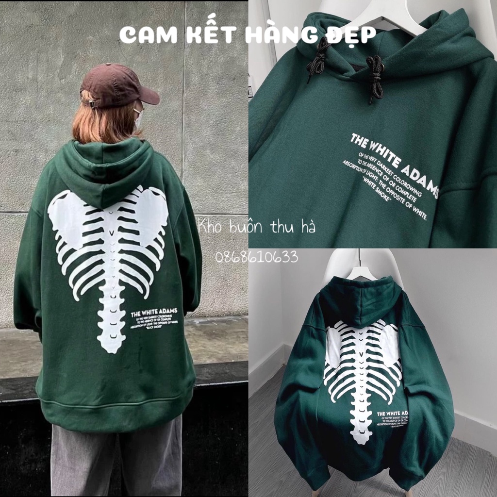 Áo Hoodie Nỉ Xanh Form Rộng Tay Phồng  - Áo Nỉ Túi Bụng hình xương cá - The white siêu hót.