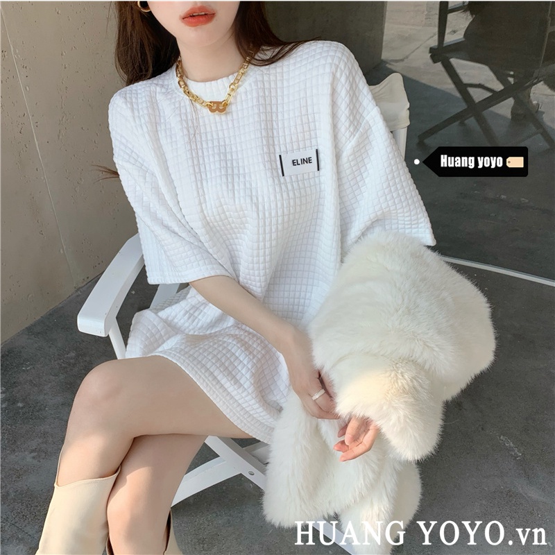 HUANG YOYO Áo Thun Tay Ngắn Dáng Rộng Họa Tiết Sọc Caro Thời Trang Phong Cách Hàn Quốc Cho Nữ
