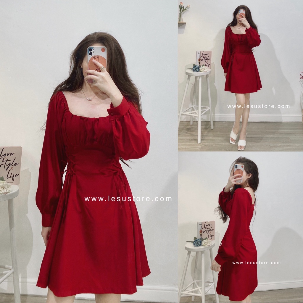ẢNH TỰ CHỤP Đầm đỏ xếp li ngực đan dây 2 bên eo tay dài
