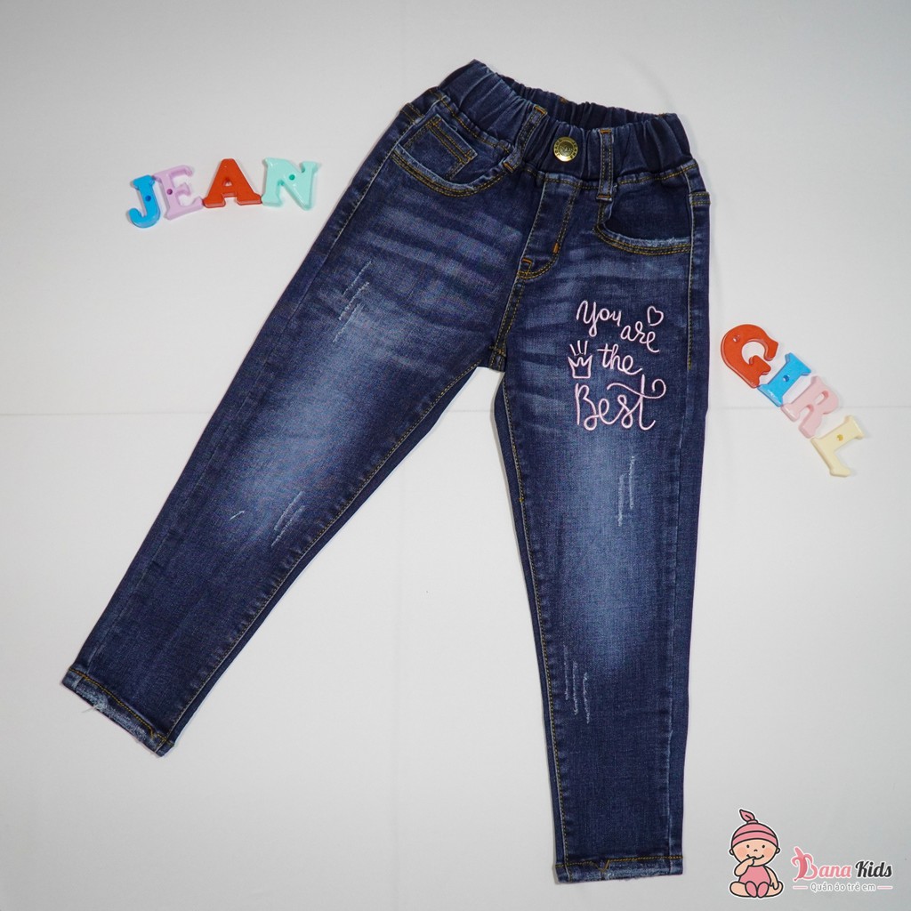 Quần Jean Dài Lưng Thun Bé Gái 4-7 Tuổi Thêu Chữ Thời Trang, Quần Áo Trẻ Em Bana Kids 02258