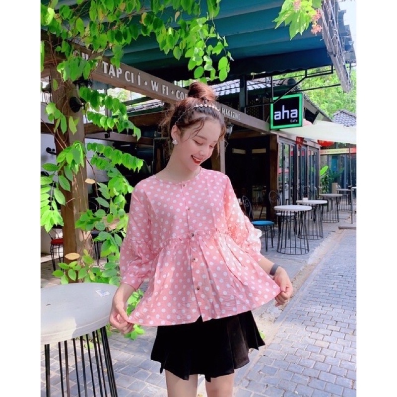 Áo bà bầu mùa hè tay lỡ chất tơ đũi chấm bi thiết kế cao cấp trẻ trung công sở