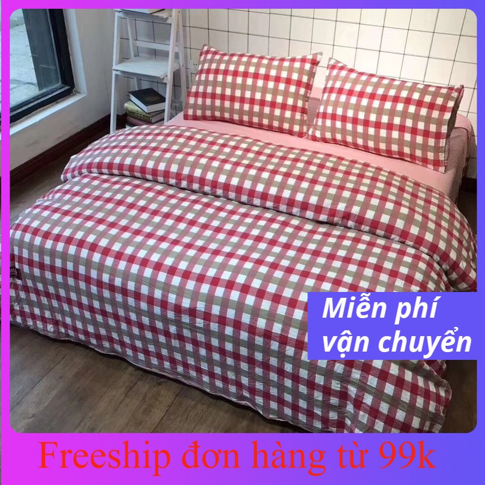 [ảnh thật] Bộ chăn ga gối đũi muji xuất nhật - kẻ đỏ giá rẻ