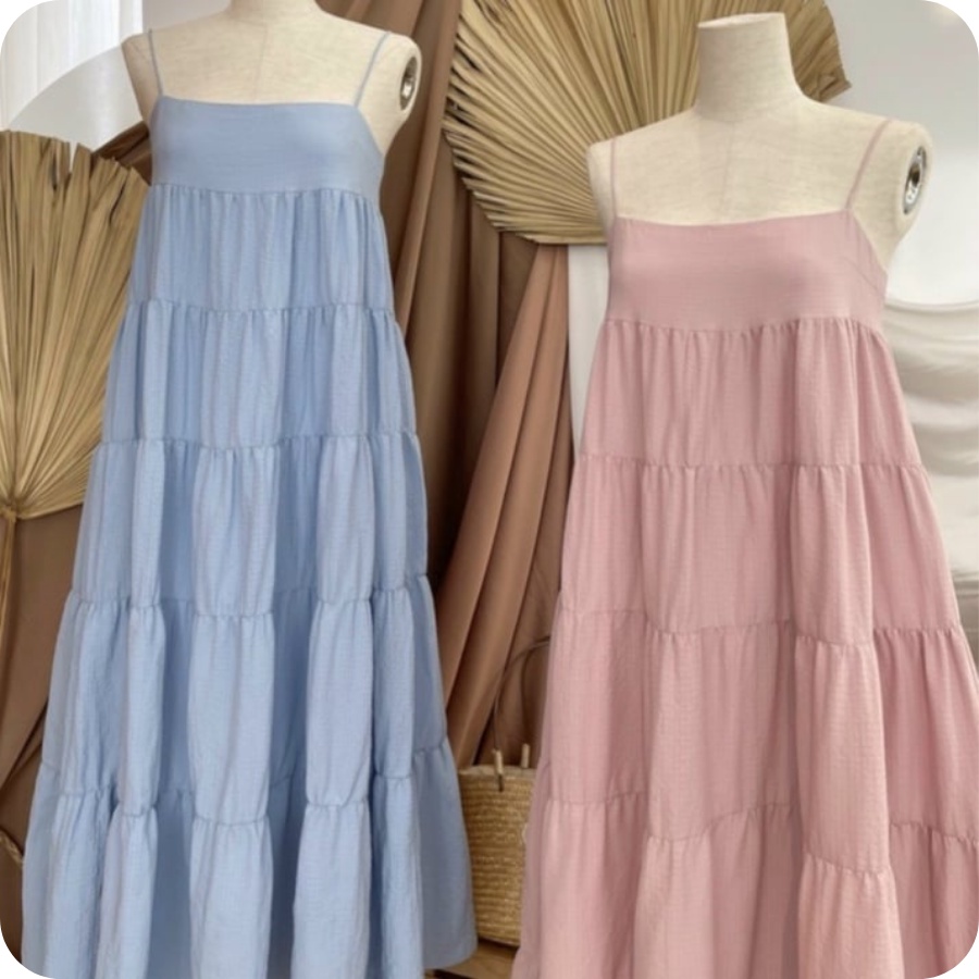 Đầm maxi 2 dây, đầm form babydoll thiết kế nhiều tầng tone màu pastel