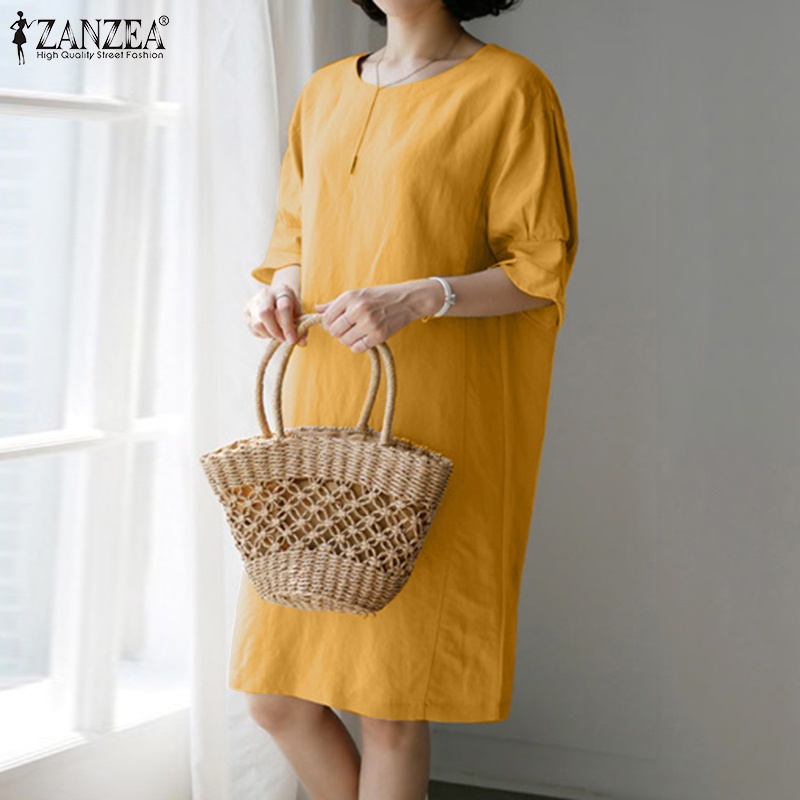 Zanzea Đầm Mini Tay Lửng Ống Loe Cổ Tròn Thời Trang Dành Cho Nữ