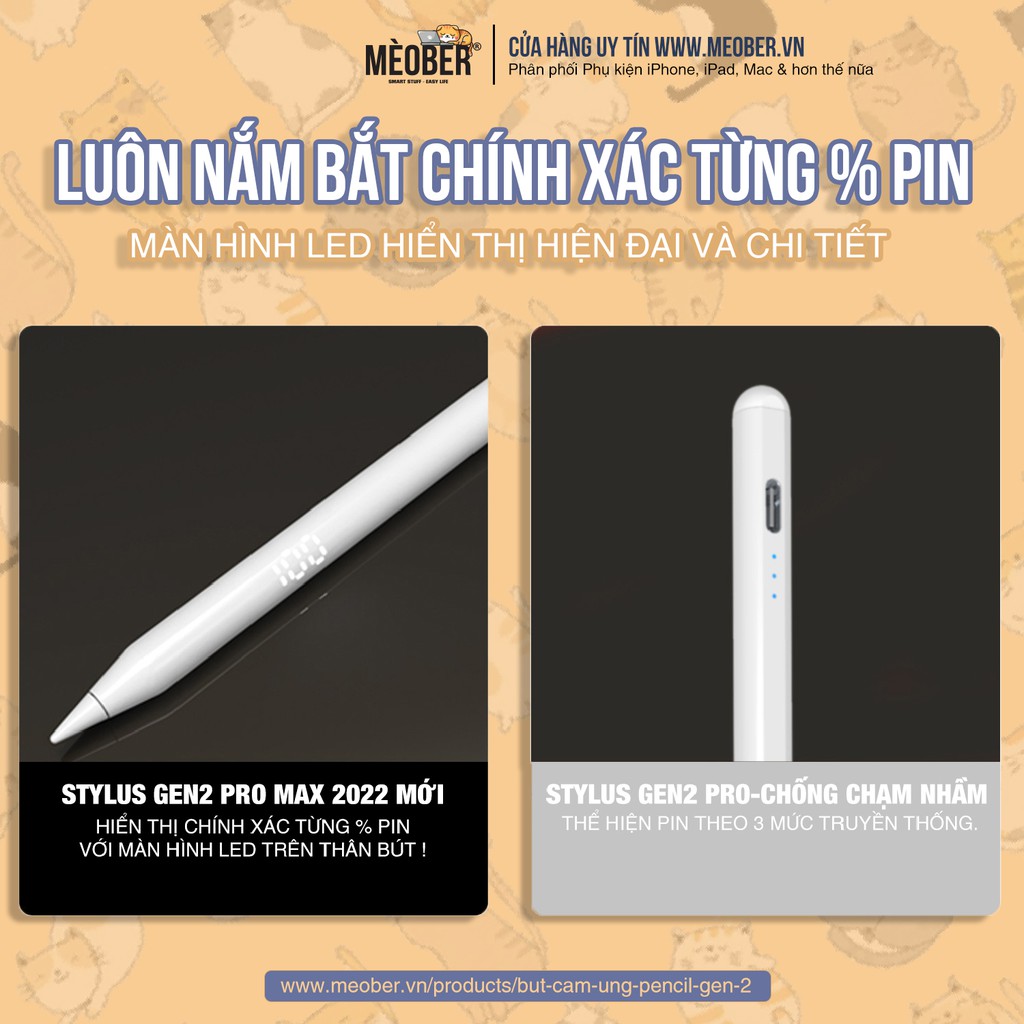 [UPDATE 2023] Bút cảm ứng Stylus Pencil2 - Tì tay khi viết, nét thanh đậm, sạc nam châm Meober cho iPad, iPhone, Android