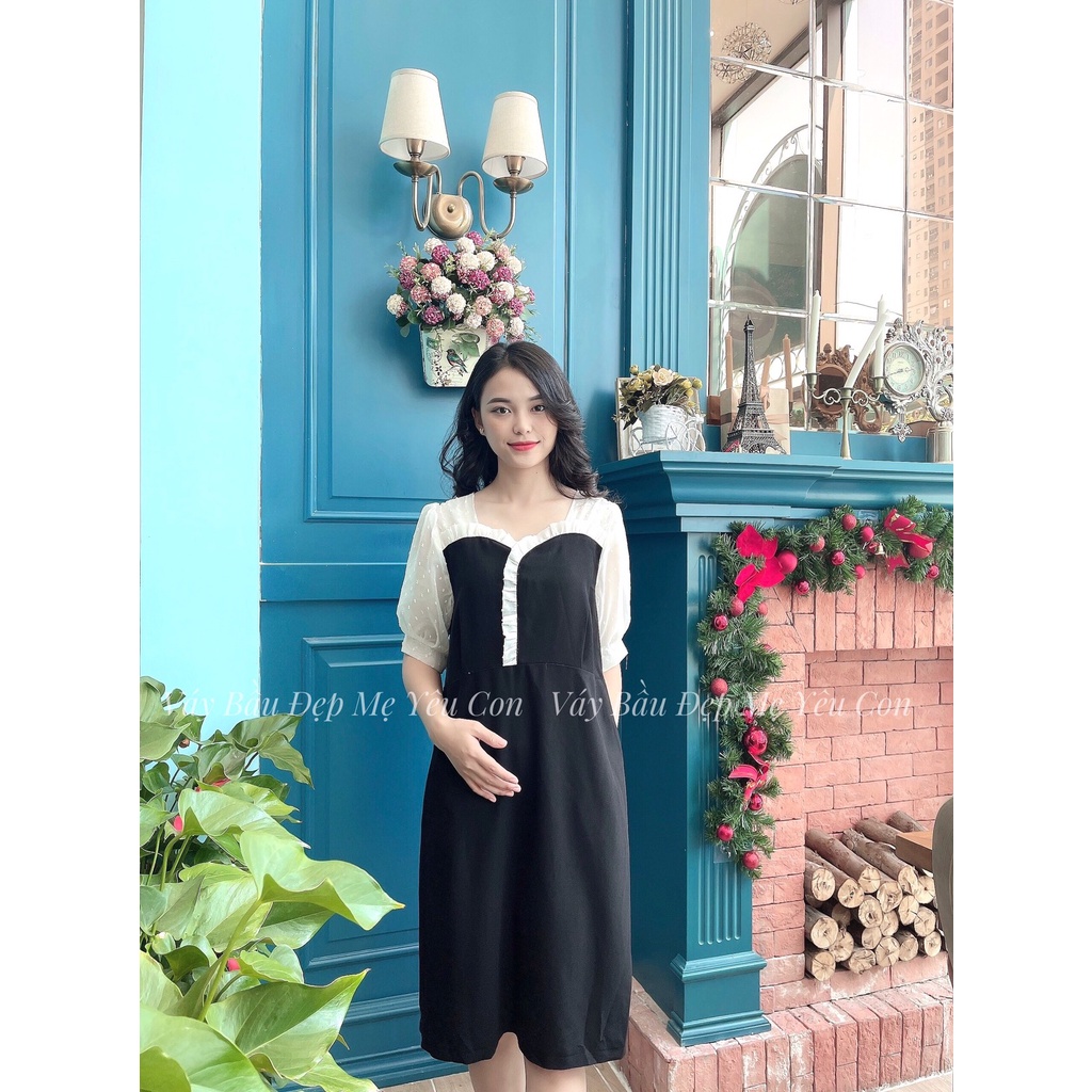 Đầm bầu công sở Váy bầu đẹp màu đen phối bèo cổ MYC 1M