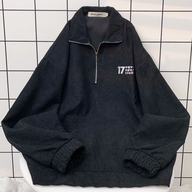 Áo Nỉ Sweater Thêu Ngực Dáng Rộng Cổ Bẻ Nam Nữ Tay Bồng Số 17 Uzzlang Khóa Zip