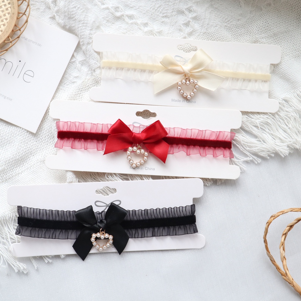 Vòng Cổ choker Dây Xích Mặt Nơ Đen Đính Ngọc Trai Cho Nữ