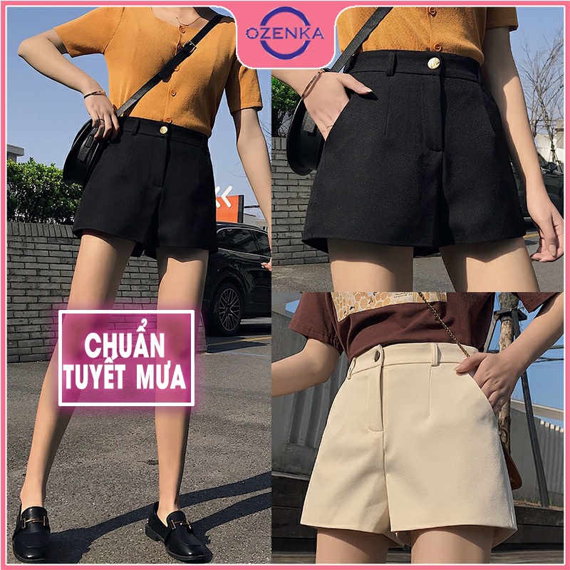 Quần short ngắn cạp cao nữ OZENKA , quần đùi đẹp khoá thật túi thật cạp chun màu đen da chất tuyết mưa cao cấp