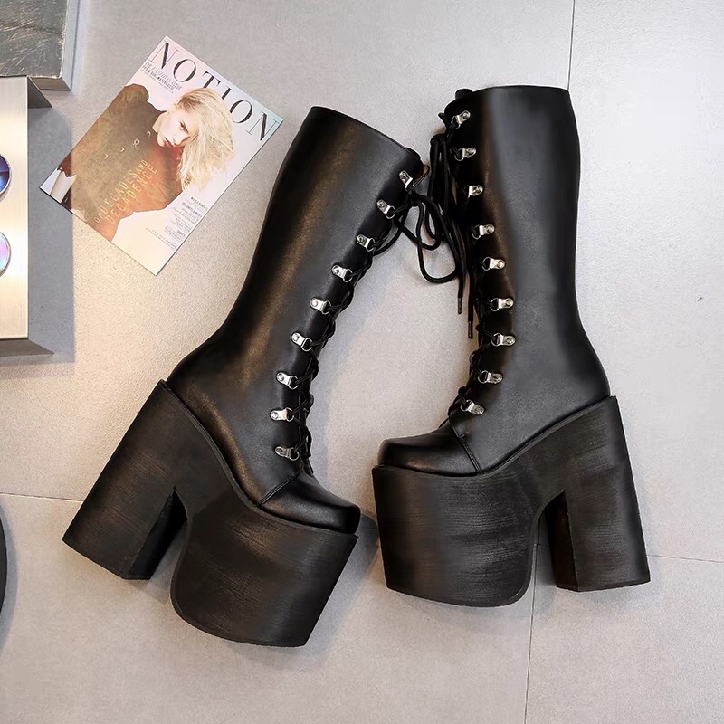 Boot chiến binh cosplay, giày da gothic đế dày, đế bánh mì khủng lolita platform
