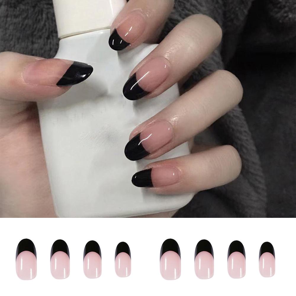 EUTUS Bộ 24 Móng Tay Giả Màu Đen Đính Đá Xinh Xắn