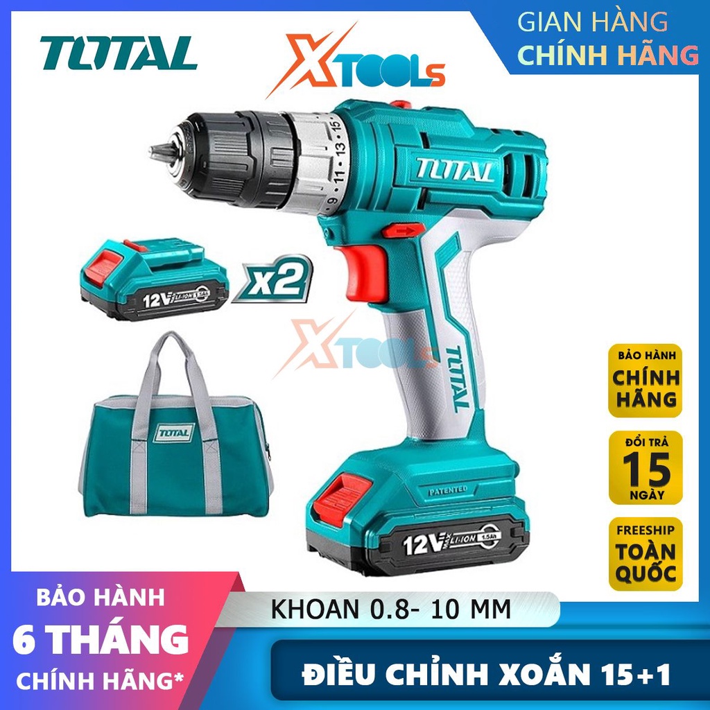 Máy khoan pin cầm tay 12V 10mm Total TDLI1222 tốc độ 1350v/p, lực siết 25nm, khả năng khoan 10mm [CHÍNH HÃNG][XTOOLS]