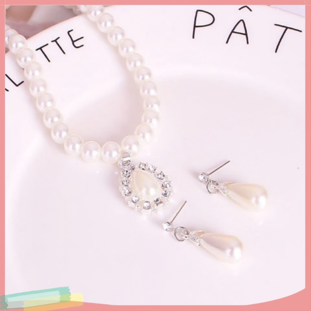 Bộ Vòng cổ + Đôi Khuyên Tai Đính Ngọc Trai Giả Thiết Kế Hình Giọt Nước Độc Đáo Cho Nữ