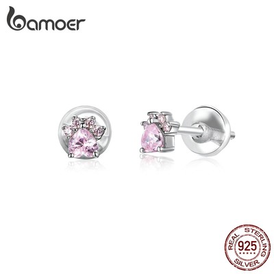 Bamoer Bông Tai bạc 925 Hình Chân Mèo Hồng Đáng Yêu Chống Dị Ứng Cho Nữ sce781