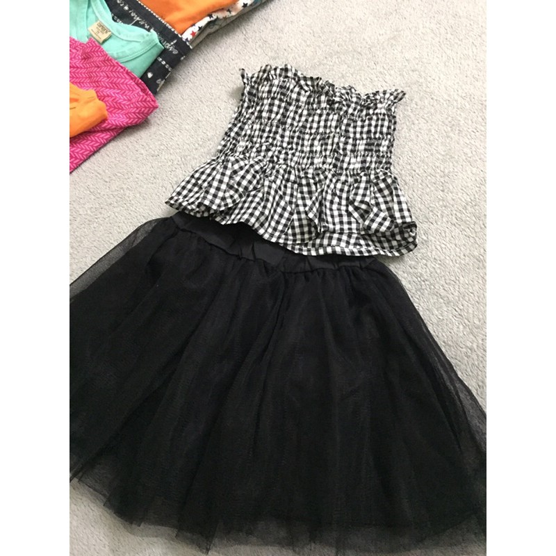 Set đầm bé gái 8-13kg - áo kẻ caro dáng croptop kết hợp cùng chân váy ren đen