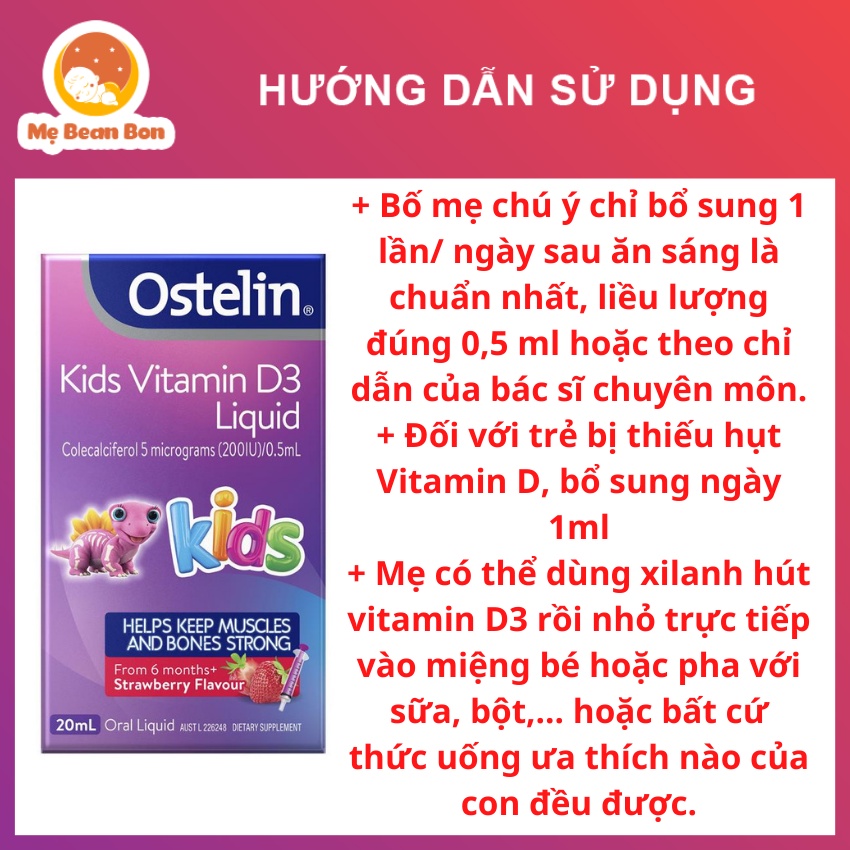 Vitamin D3 cho bé Liquid Ostelin 20ml dạng nước của Úc giúp hấp thụ canxi phát triển chiều cao cho trẻ từ 6 tháng tuổi