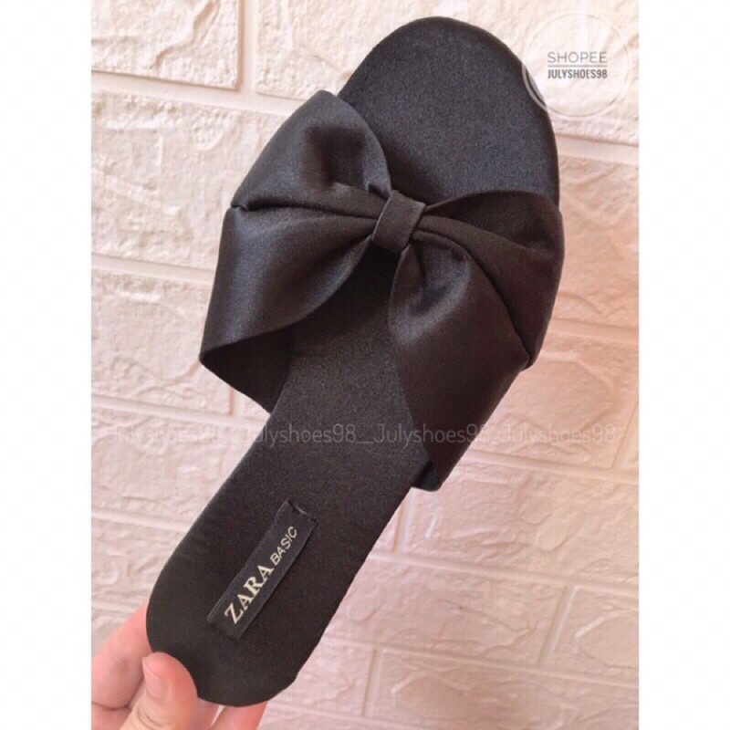 Dép Nữ Dép Lê Nữ Quai Ngang Nơ Lụa Đen Đế Bệt Mũi Tròn Sang Chảnh