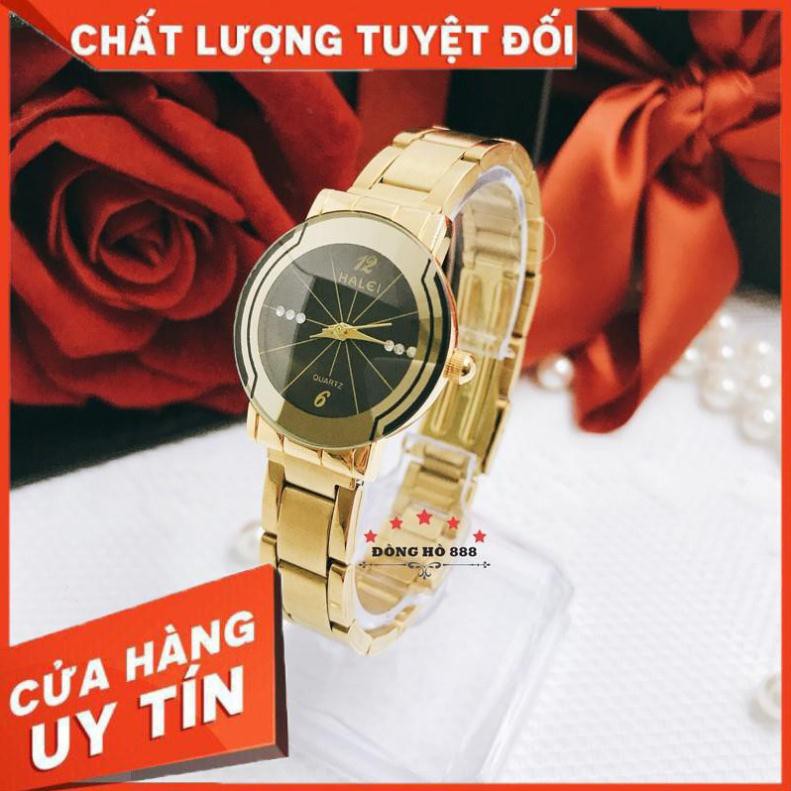 FREESHIP - Đồng hồ nữ Halei dây vàng mặt tròn sang chảnh, chống nước chống xước - HL457 | BigBuy360 - bigbuy360.vn