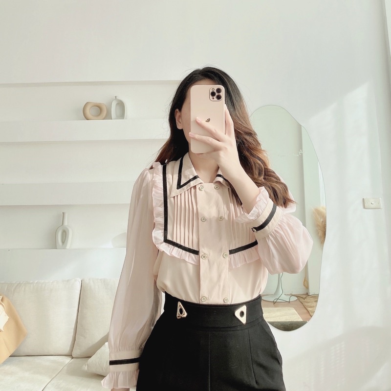 Áo sơ mi kiểu bèo viền đen - thời trang công sở chất lụa hàn mềm mịn không nhăn nhàu