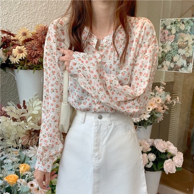 Áo Sơ Mi Chiffon Tay Phồng Cổ Chữ V Form Rộng Họa Tiết Hoa Phong Cách Pháp