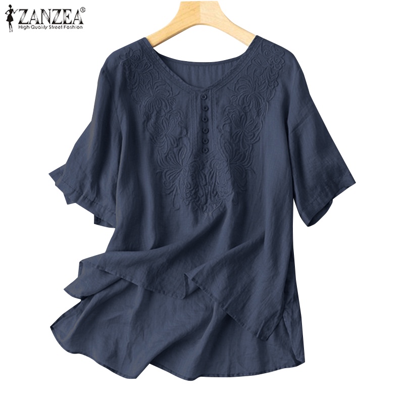Áo kiểu Zanzea tay ngắn thêu hoa phong cách vintage cho nữ