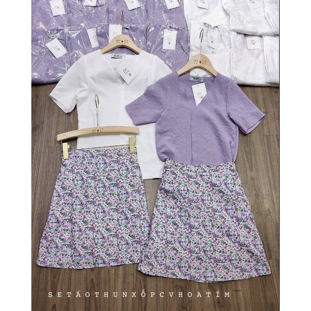 Sét Áo Nhăn Viền Mix Chân Váy Ngắn Hoa ❤️FREESHIP❤️ Set Đồ Bộ Chất Mềm Mịn - TT90075 | BigBuy360 - bigbuy360.vn
