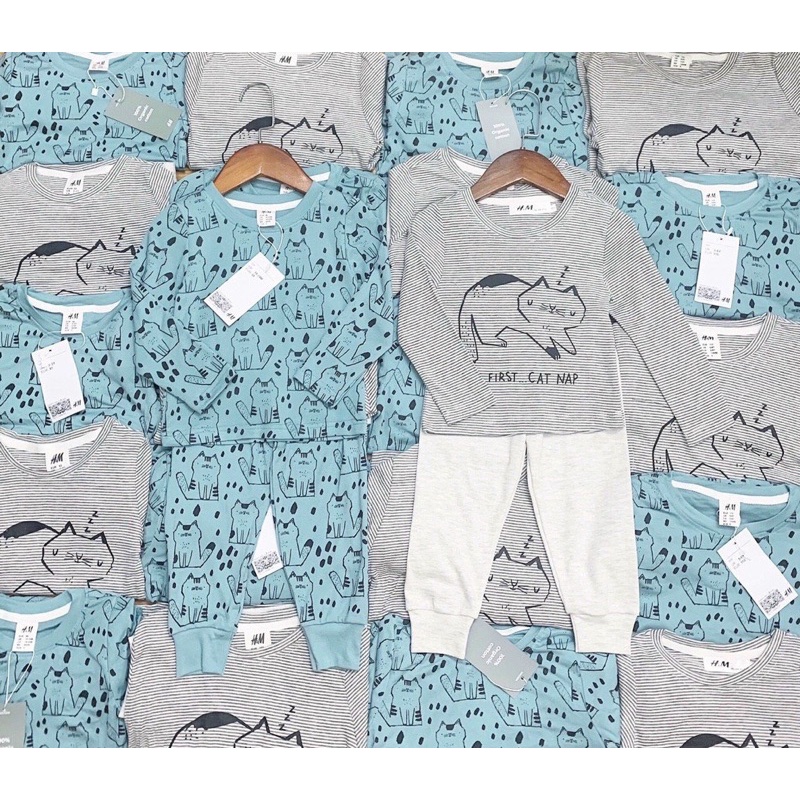 Combo 2bộ con mèo kẻ xanh cotton cho bé