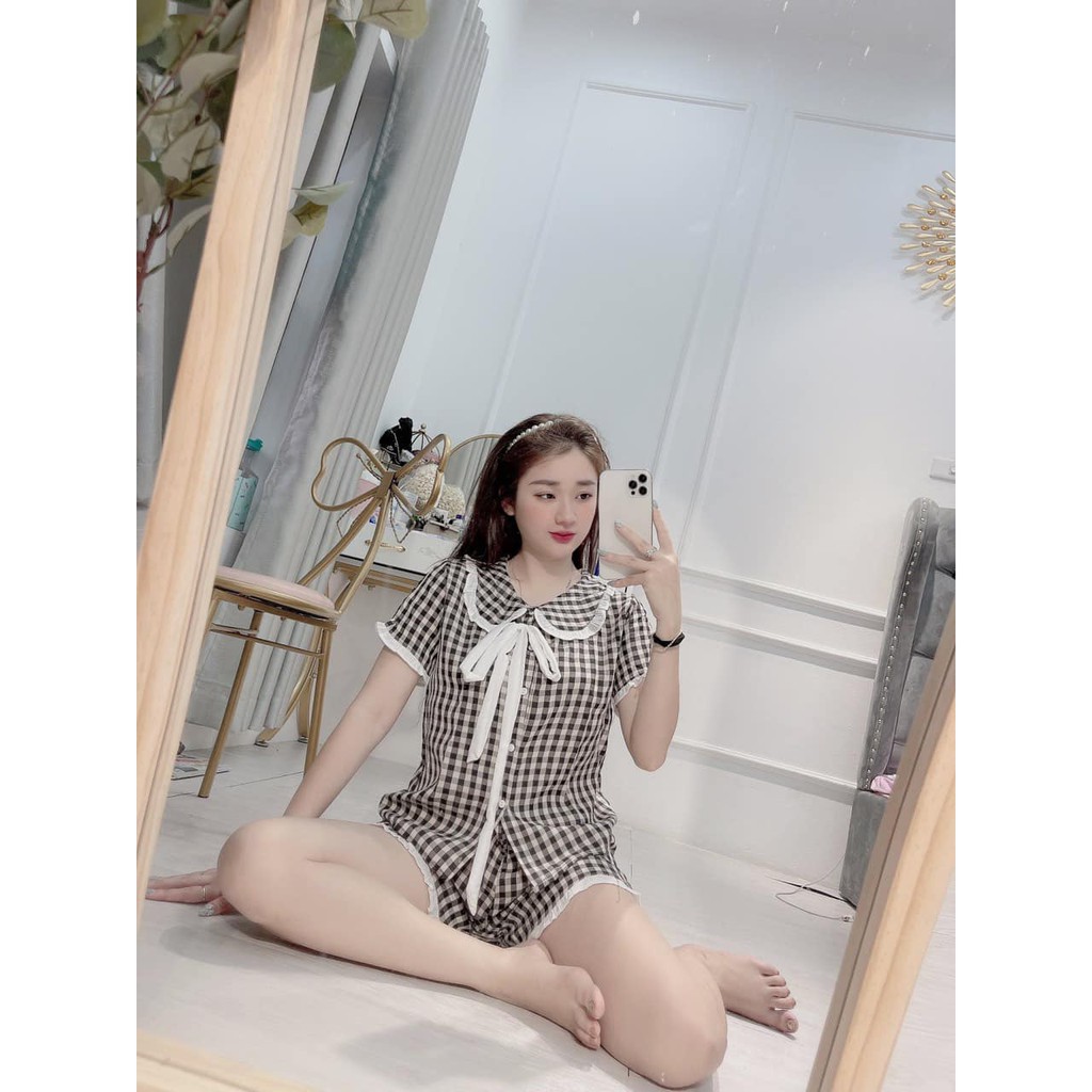 Đồ bộ nữ pijama cộc tay quần đùi mặc nhà chất thô đũi Kẻ karo cổ sen